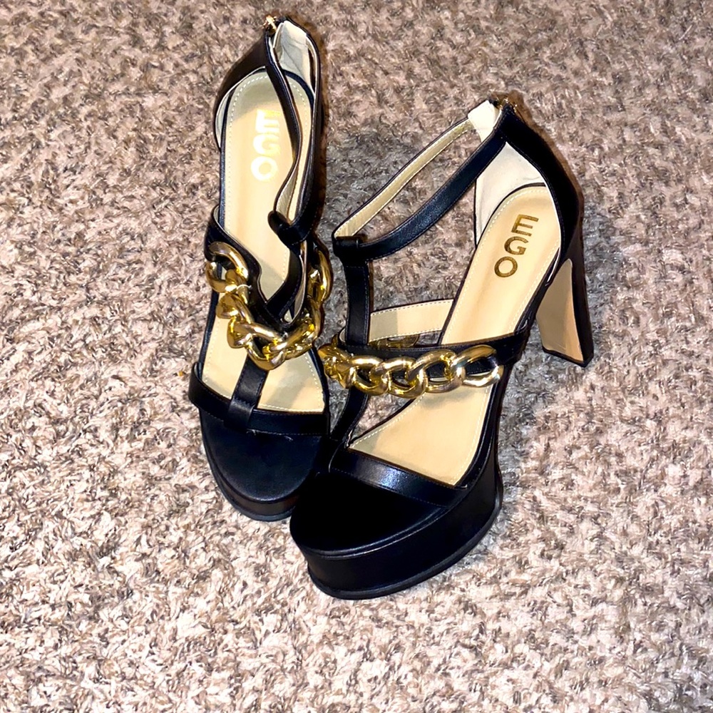 Black Block Heels w/ Gold Cuban Link